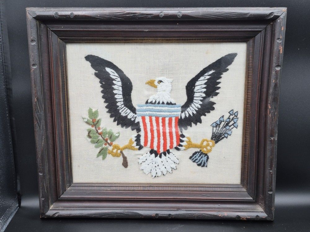 Vintage Framed Embroidered Seal Of The United States Eagle, 14"×16"