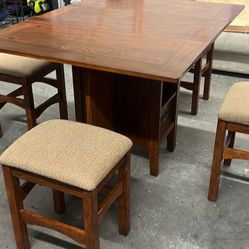 55”x42”x36”h Solid Wood, Good Condition, Folding High Table With Four Stools