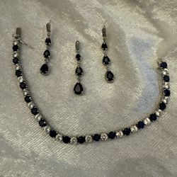  Blue Sapphire With Diamonds Sterling Silver Pendant, Earrings And Bracelet 