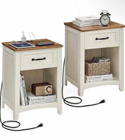 Farmhouse Nightstand with Charging Station, 1 Drawer Bedside Table, Side Table with Open Compartment, for Bedroom, Rustic White and Honey Brown, LIRY