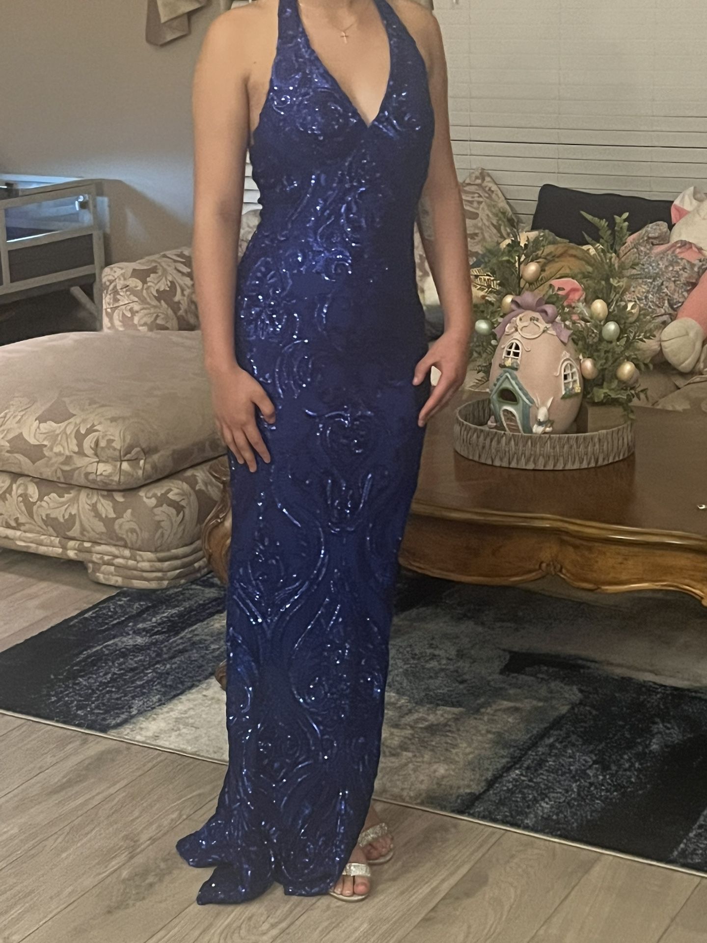 Blue Sequined Formal Form Fitting Dress Size S. Never Worn With Tags