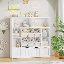 Toy Storage Organizer with 6 Toy Bins, Toy Organizer Kids Bookshelf with 4 Movable Drawers and 6 Storage Cubbies, Toy Bins for Kids Organizer Playroom