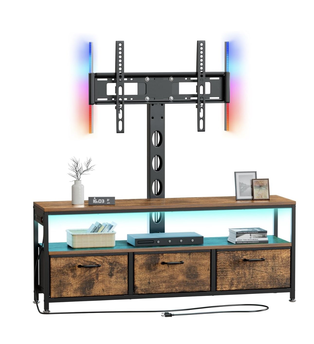 JUSTOGO TV Stand with Mount and Power Outlet, TV Stand with Drawers Storage for Living Room Bedroom, LED Entertainment Center for 45/55/60/65 inch, He