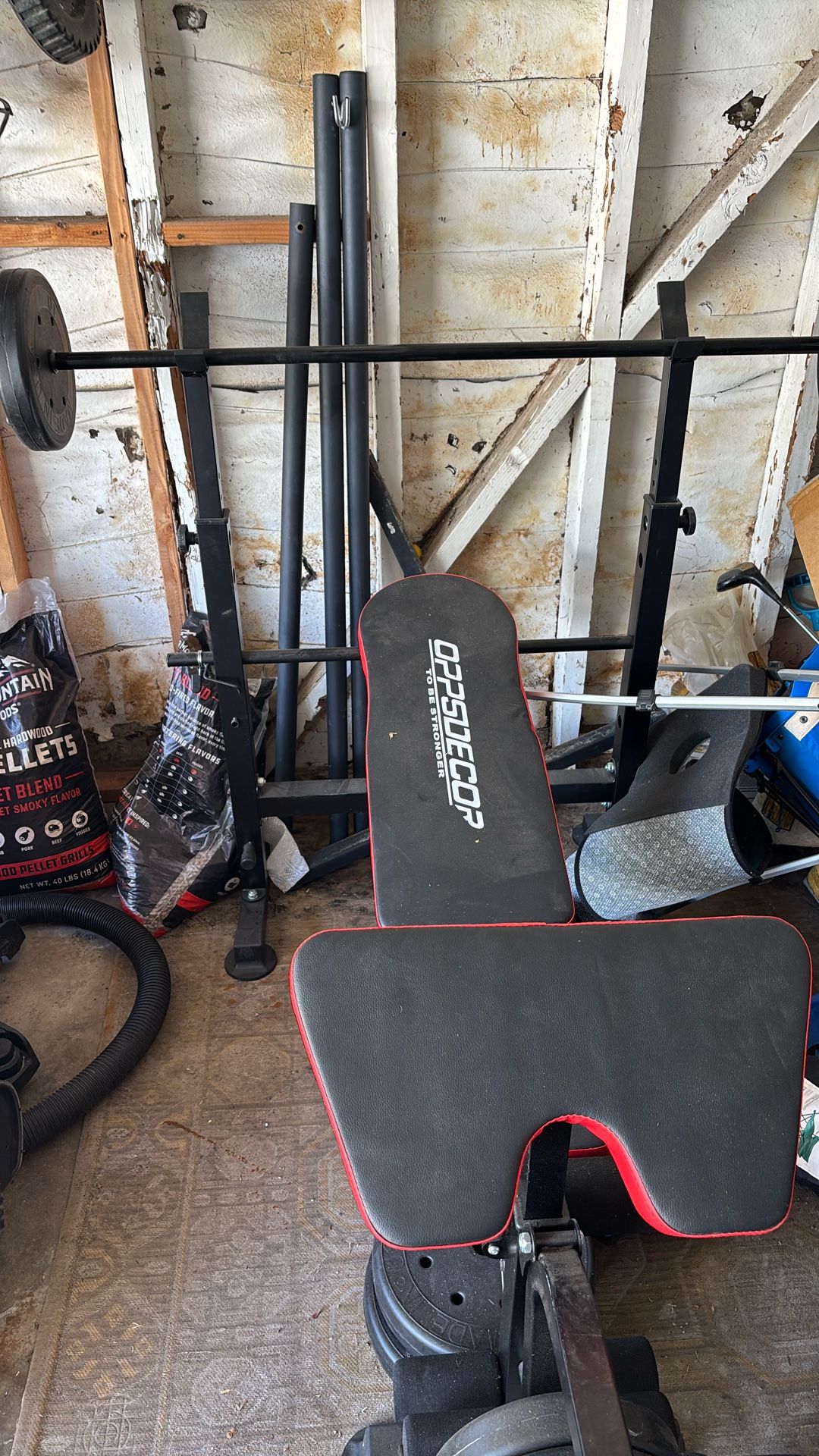 Weight Bench With 75lb Weights And Bench Press Bar And Leg Press