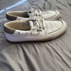 LACOSTE Top-Sider Leather Boat Shoes. Mens size: 10. White/Gray. Leather 