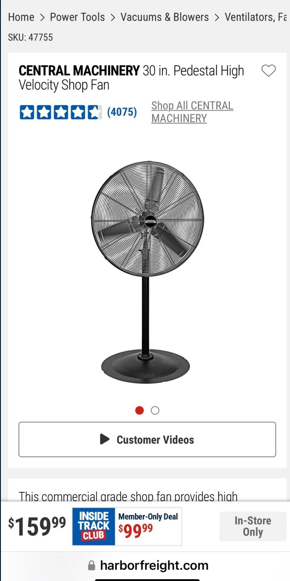 Central Machinery 30” Pedestal Fan 