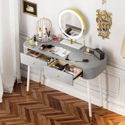 40" Vanity Desk with Mirror and Lights, Small Makeup Vanity Table with 2 Storage Drawers and Charging Station, 3 Color Touch Screen Stylish Dressing T