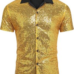 Men's Sequin Dress Shirt 70s Disco Costume Sparkle Party Short Sleeve Button Down Shirts Size Large