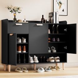 Shoe Storage Cabinet with Doors & Drawer, Slim Shoe Organizer with Adjustable Shelves, Freestanding Wood Shoe Rack for Entryway Hallway Liv