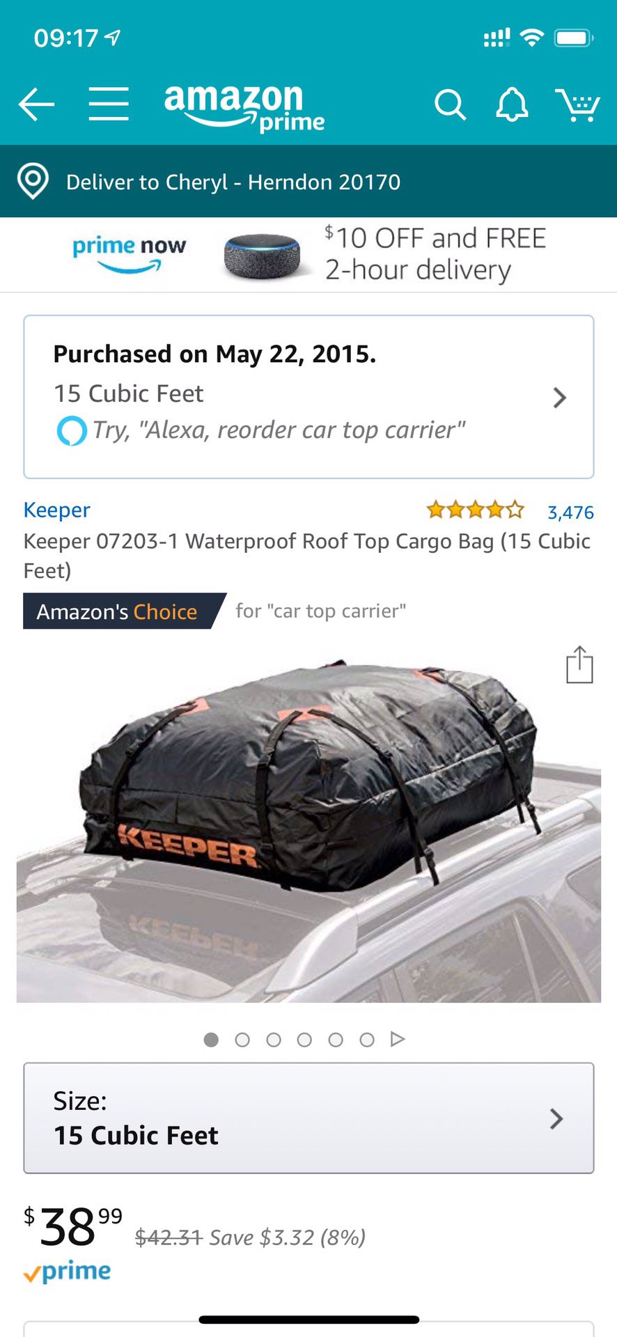 Waterproof roof top cargo bag (15 cubit feet) only used 1 time. $25