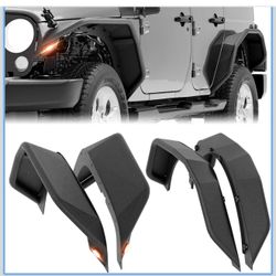 for JK JKU Tubular Front & Rear Fender Flares Compatible with 2007-2018 Jeep Wrangler JK JKU Unlimited 2/4 Doors with Turn Signal Lights, 4-PCS Tube M