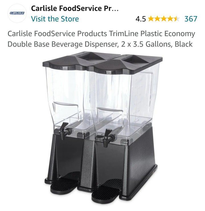 Carlisle FoodService Products TrimLine Plastic Economy Double Base Beverage Dispenser, 2 x 3.5 Gallons, Black





