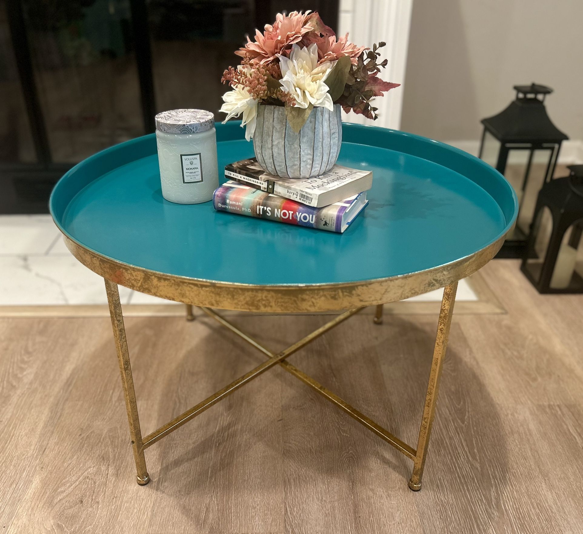 Like NEW! Round Coffee Table- Teal & Gold