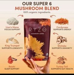 The Mushroom Medium Roast Coffee from RYZE SUPERFOODS is USDA Organic, offering a selection of six Adaptogenic Mushrooms. The single bag is priced at 