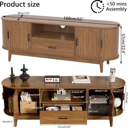 🥨Mxtxmy 63" Fluted TV Stand for Tvs up to 70", Mid-Century Modern Entertainment Center with Drawers and Fluted Doors, Curved TV Media Console Table w