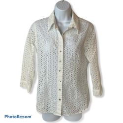 Chico’s Blouse Button Down Shirt White Eyelet