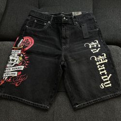 Ed Hardy Skater Fit Black Denim Shorts Size 30 & 34 