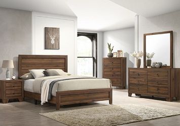 Queen Rustic Brown 4pc Bedroom Set Bed Dresser Mirror Nightstand Optional Chest, extra nightstand, King size and mattress set available pick up can de