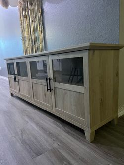 Large Wood TV Stand with Glass Doors