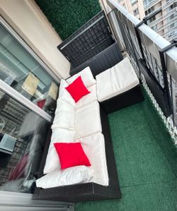 Patio/Balcony Couch + Ottoman with Cushions, Storage Bin, Chair, table and folding table for over the railing