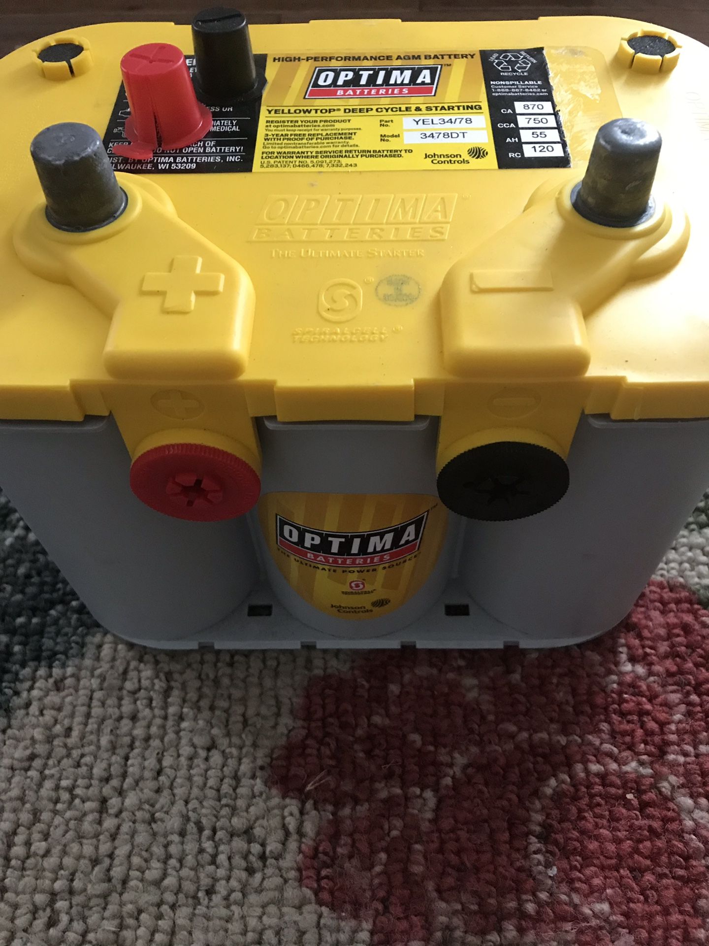 New Yellow Optima Battery Top & Side Post $75 obo