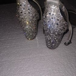 Metallic Silver Blinged Out Open Toe High Heel Shoes