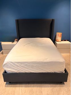 Full size bed FRAME - Navy Blue Linen - Hanson Upholstered Wingback Bed By Joss & Main