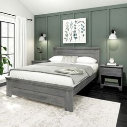 Queen Size - Plank+Beam Rustic Wood Bed Frame, Platform Bed with Headboard, Solid, Driftwood