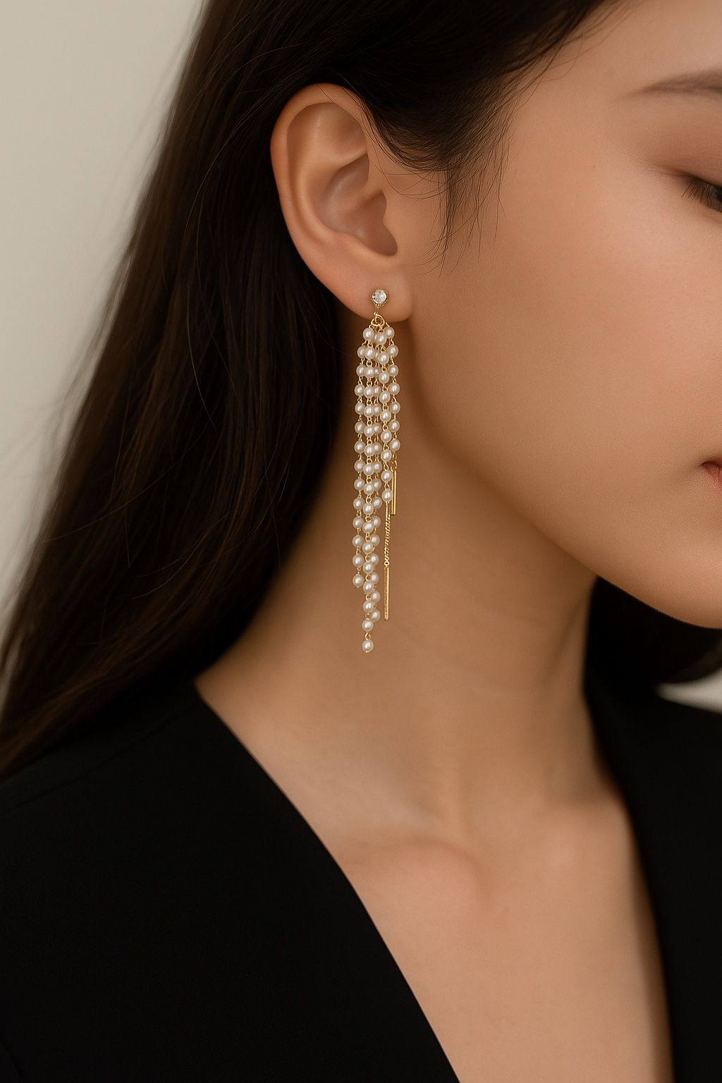 Elegant Faux Pearl Dangle Earrings with Gold Chains – Layered Tassel Design