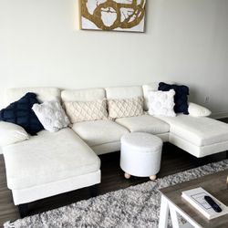White Double Sectional Sofa + Ottoman & Throw Pillows 