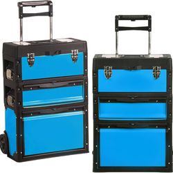 O72-Portable 3 Tiers Stackable Trolley Storage Case with Wheels for Workshop Garage, Blue
