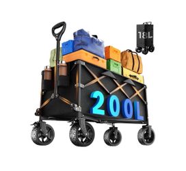 Heavy Duty Collapsible Wagon Cart, 200L Large Capacity Folding Beach Wagon with Big All-Terrain Wheels, Brake & Adjustable Handle, 500 lbs Utility Car