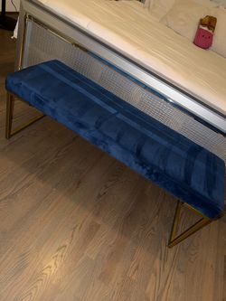 Navy Blue Velvet Bench with Gold Metal Legs
