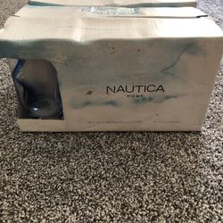 Nautica Home Blue Swirl Dimpled Drinking Glasses - Set Of 16, 16.7oz, NEW, water damage on boxes 