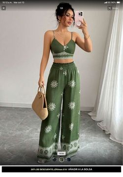 Green Embroidered Crop Top and Wide-Leg Pants Set
