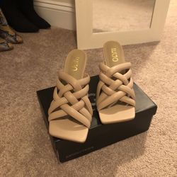 EGO UK Square Peep Toe Woven Heel Mule In Nude