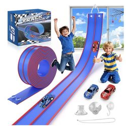 Pista de carreras flexible de 15 pies para niños, juego de pista de auto de bricolaje con 2 autos de juguete y 3 rampas de ventosa, rellenos de cesta 