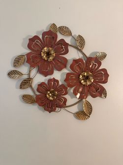 Elegant Metal Floral Wall Decor – Gold & Terracotta – 3D Wall Art