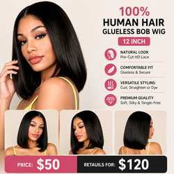 NEW 100% Human Hair Glueless Bob Wig | 12" | Pre-Cut HD Lace