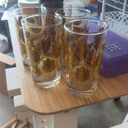 vintage Bartlett Collins Pokee' Mid-Century Modern highball glasses with a 22K gold chrysanthemum pattern