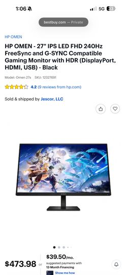 HP OMEN - 27" IPS LED FHD 240Hz FreeSync and G-SYNC Compatible Gaming Monitor with HDR (DisplayPort, HDMI, USB) - Black