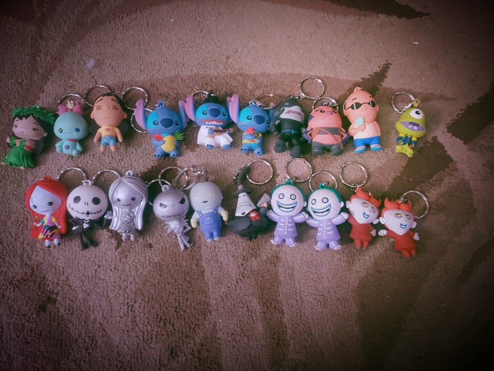 Collectible keychains from Lilo and Stitch snd Nightmare before Christmas