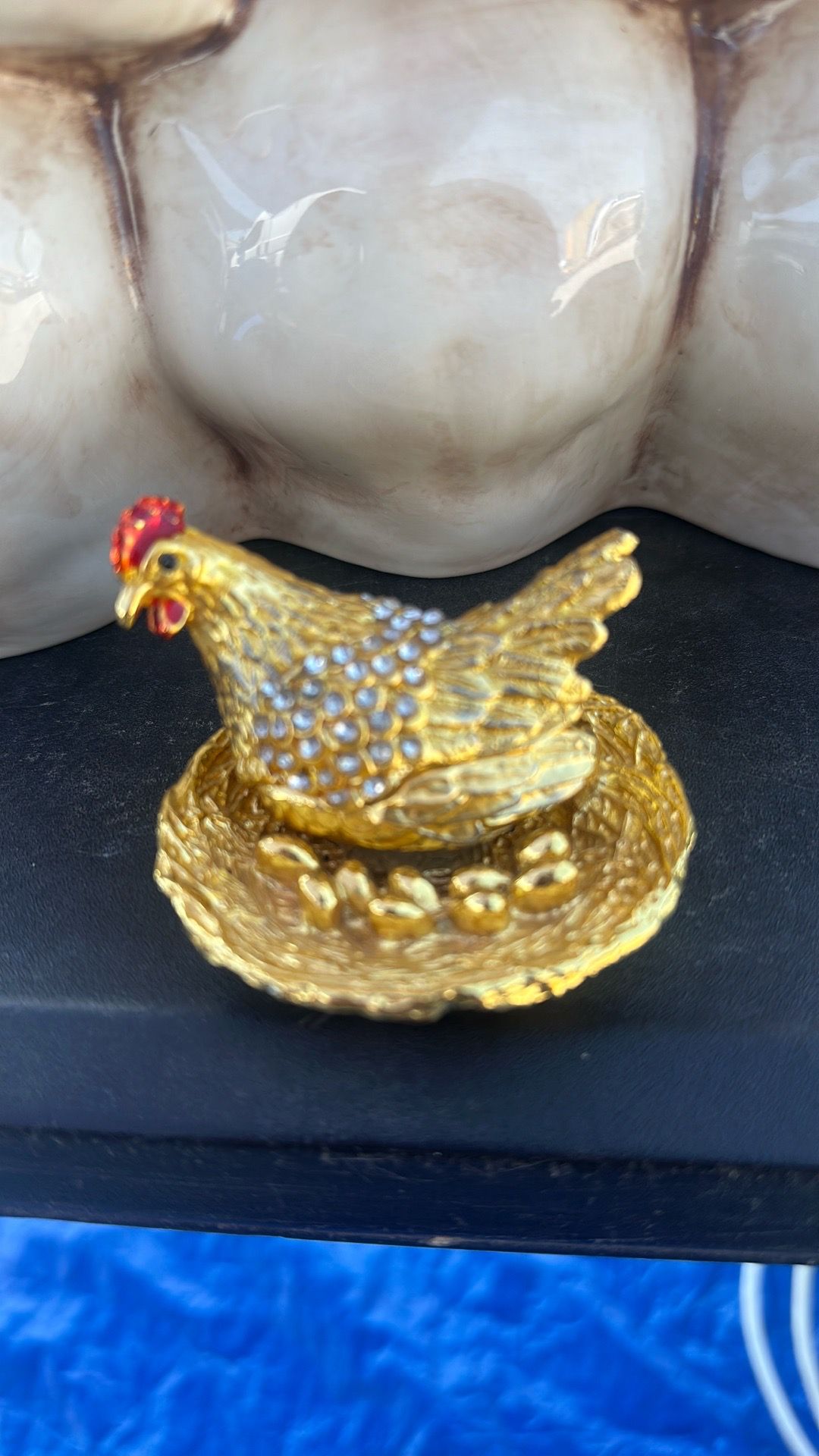 Gold-Tone Rhinestone Hen/Chicken Trinket Box with Hinged Lid