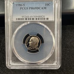 1986 S Gem Proof Roosevelt Dime Graded At PR69 With A Deep Cameo E-8