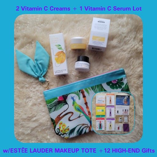 Vitamin C 2 Creams 1 Serum Lot w/ESTĒE LAUDER MAKEUP TOTE + 12 High-End Skincare Freebies 