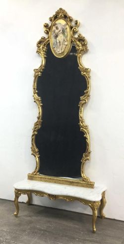 2pc French Victorian Gilt Marble Top Rococo Mirror