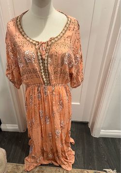 Peach Boho Midi Dress with Gold Embroidery
