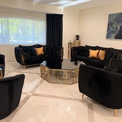 Modern black And Gold Velvet living Room Set