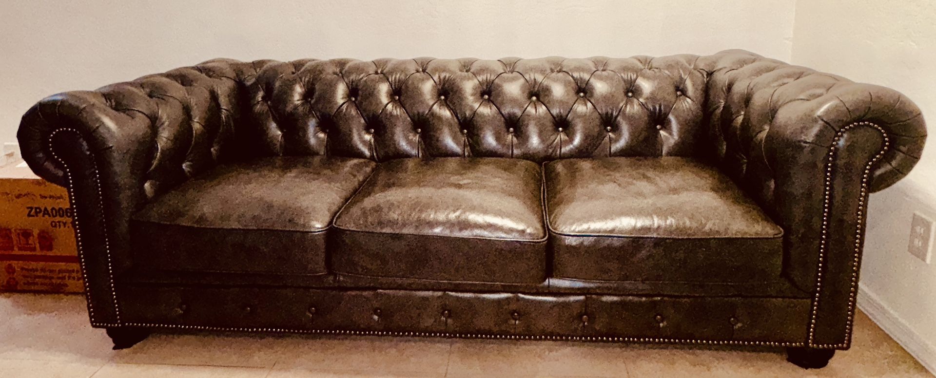 Black Chesterfield 3 Cushion sofa deep button tufting rolled arms nailhead trim