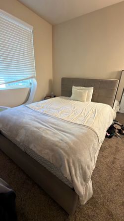 Queen Bed Frame with Upholstered Headboard + queen mattress and box spring